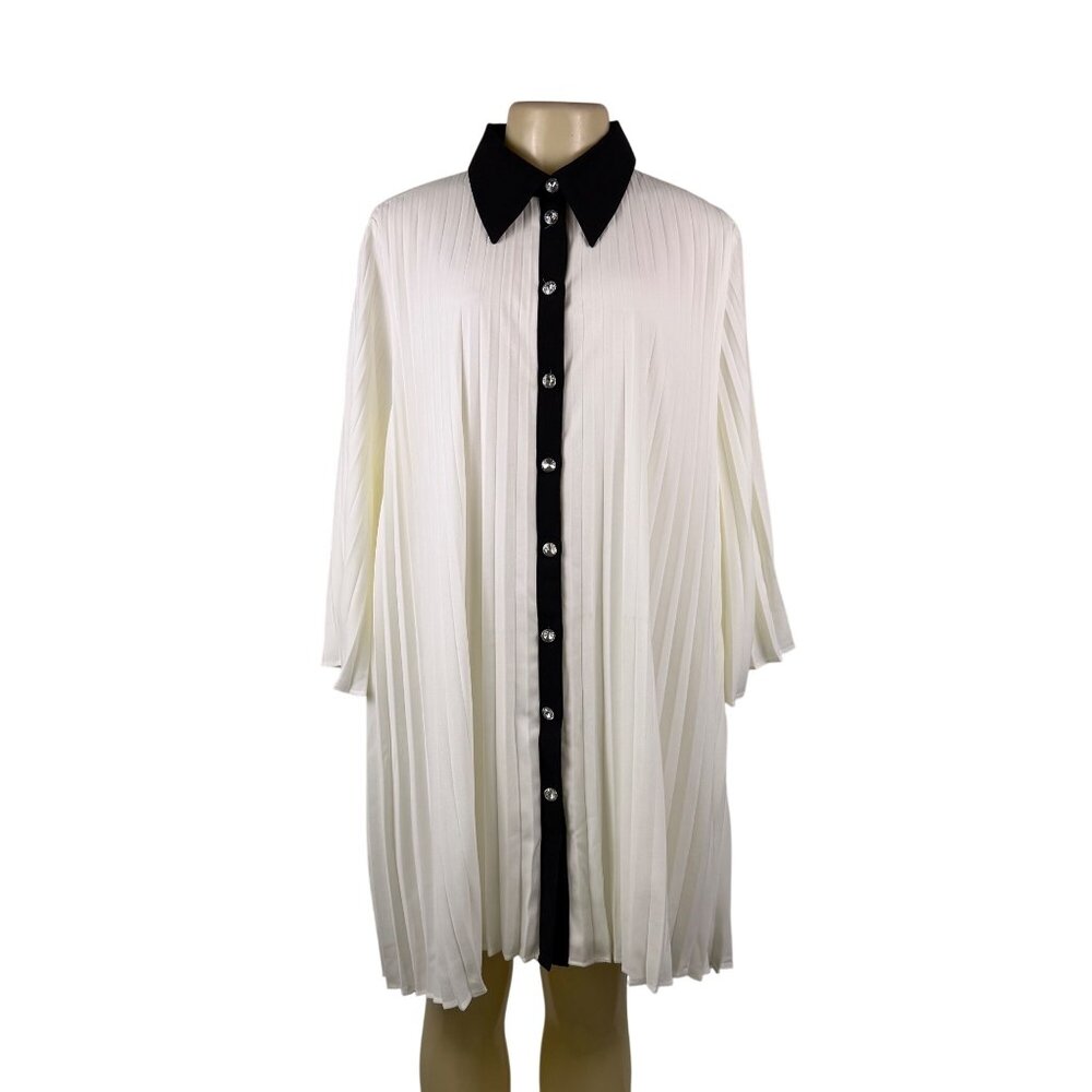 Ming Wang Womens White & Black Pleated Button-Up Longline Tunic Dress Sz L